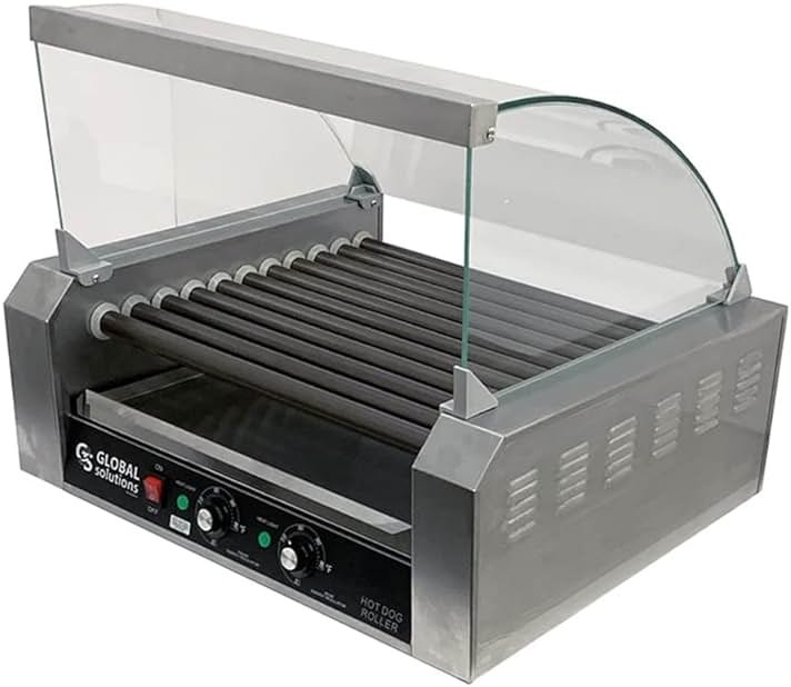 Global Solutions GS1640 Commercial Hot Dog Roller Grill, 30-Dog Capacity Countertop Roller Grill with 11 Non-Stick Rollers, Two-Zone Temperature Control, Stainless Steel, 120V - Product Image