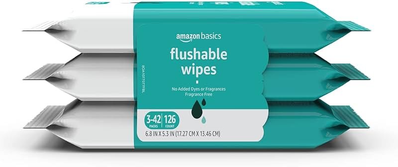 Amazon Basics Adult Wet Wipes Flushable Fragrance Free, 126 Count (3 Packs of 42) Packaging May Vary - Product Image