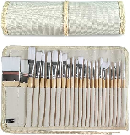 Paint Brushes Set of 24 Pieces Wooden Handles Brushes with Canvas Brush Case, Professional for Oil, Acrylic and Watercolor Painting - Product Image