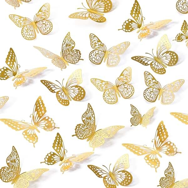 SAOROPEB 3D Butterfly Wall Decor - 48 Pcs, 4 Styles, 3 Sizes, Gold Butterfly Decorations for Birthday & Party Celebrations, Removable Stickers - Product Image