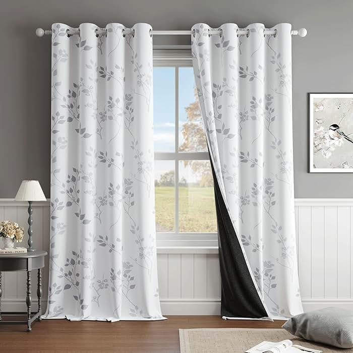 Beauoop Floral 100% Blackout Curtains 84 Inches Long 2 Panels for Bedroom Living Room Grey White Flower Patterned Room Darkening Thermal Insulated Soundproof Grommet Window Treatments Drapes, 52X84 - Product Image