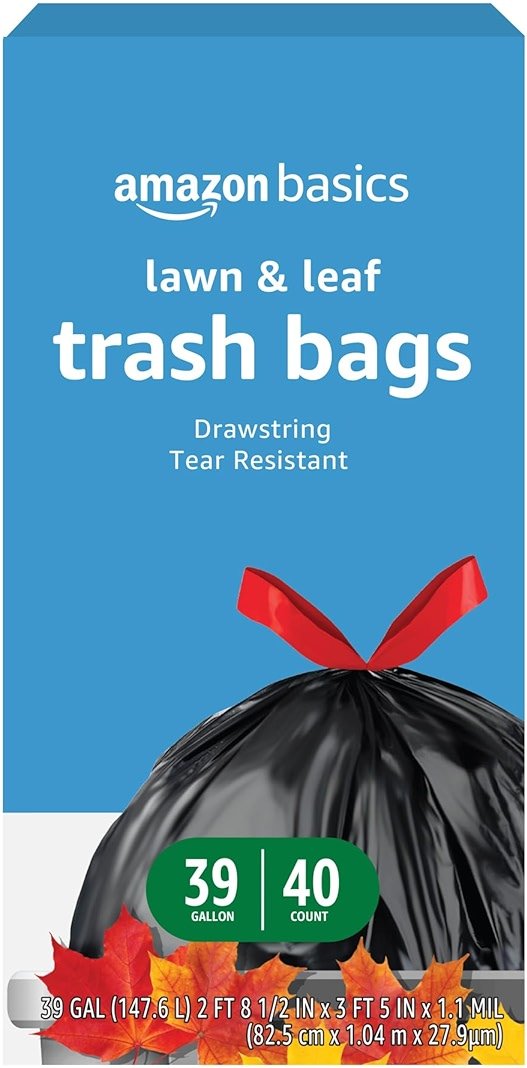 Amazon Basics Lawn & Leaf Drawstring Trash Bags, 39 Gallon, 40 Count, Black, Unscented - Product Image