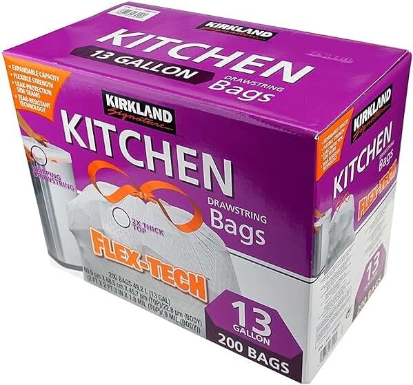 Kirkland Signature Drawstring Kitchen Trash Bags - 13 Gallon, 200 Count (PacK of 3) - Product Image
