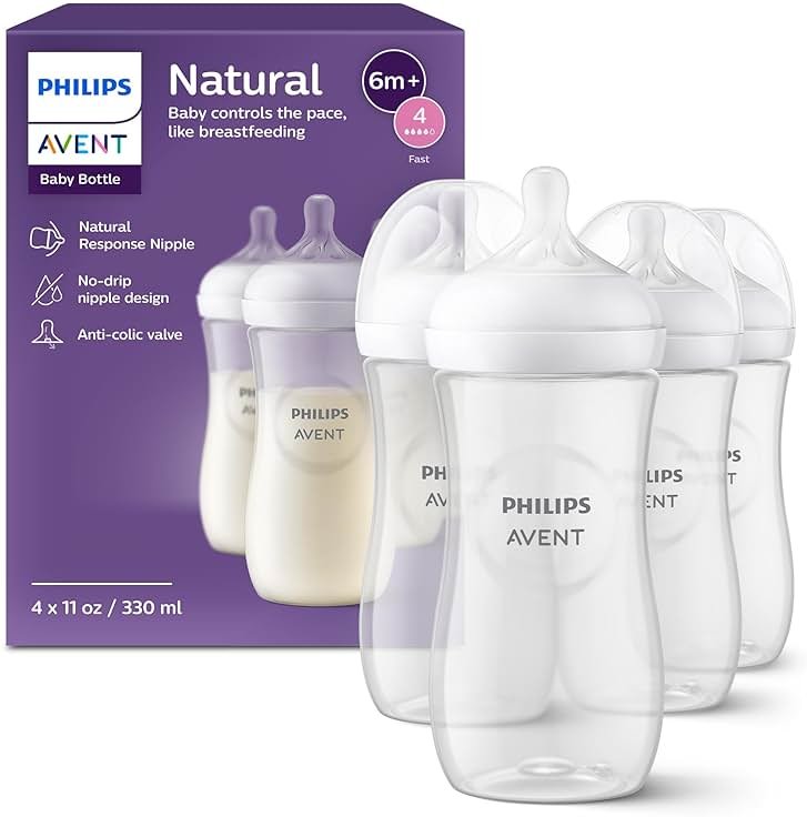 Philips Avent Natural Baby Bottles with Natural Response Nipples (Fast Flow, Flow 4), 11oz, 4-Pack, SCY906/04 - Product Image