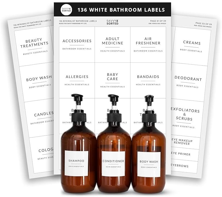 Minimalist Bathroom Labels for Organizing, 136 Preprinted Bath Room and Makeup Organizer Stickers, Waterproof Removable, Soap Shampoo Storage Supplies - Product Image