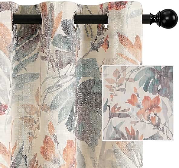 MYSKY Home Floral Curtains 84 inches Long Printed Grommet Cotton Curtains for Living Room Bedroom Light Filtering Linen Style Curtain Burlap Effect Drape Window Treatments, 2 Panel Coral and Natural - Product Image