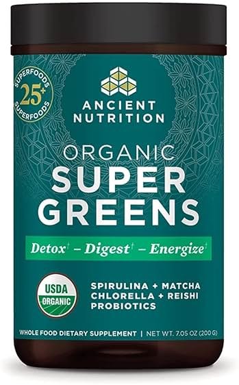 Ancient Nutrition Super Greens Powder, Organic Superfood Powder with Probiotics Made with Spirulina, Chlorella, Matcha, and Digestive Enzymes, 25 Servings, 7.05oz - Product Image