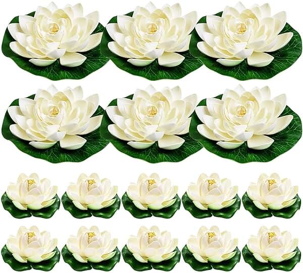 WhistenFla 16Pcs Artificial Floating Pool Flowers, 7in & 4in Fake Water Lily Pads Flowers, Lotus Flower Floating Pool Decorations - Product Image