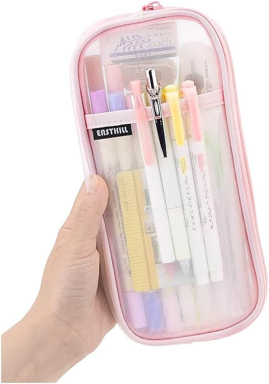 EASTHILL Grid Mesh Pen Pencil Case with Zipper Clear Makeup Color Pouch Cosmetics Bag Multi-Purpose Travel School Teen Girls and Boys Transparent Stationary Bag Office Organizer Box for Adluts(Pink) - Product Image