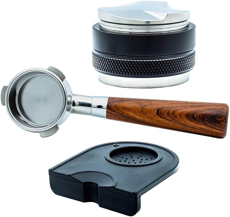 Evergreen Coffee | Espresso Accessories | 54mm Bottomless Portafilter + 53mm Coffee Distributor & Tamper + Tamp Mat | Designed for the Breville Barista Express Pro touch| Bonus Filter Basket - Product Image