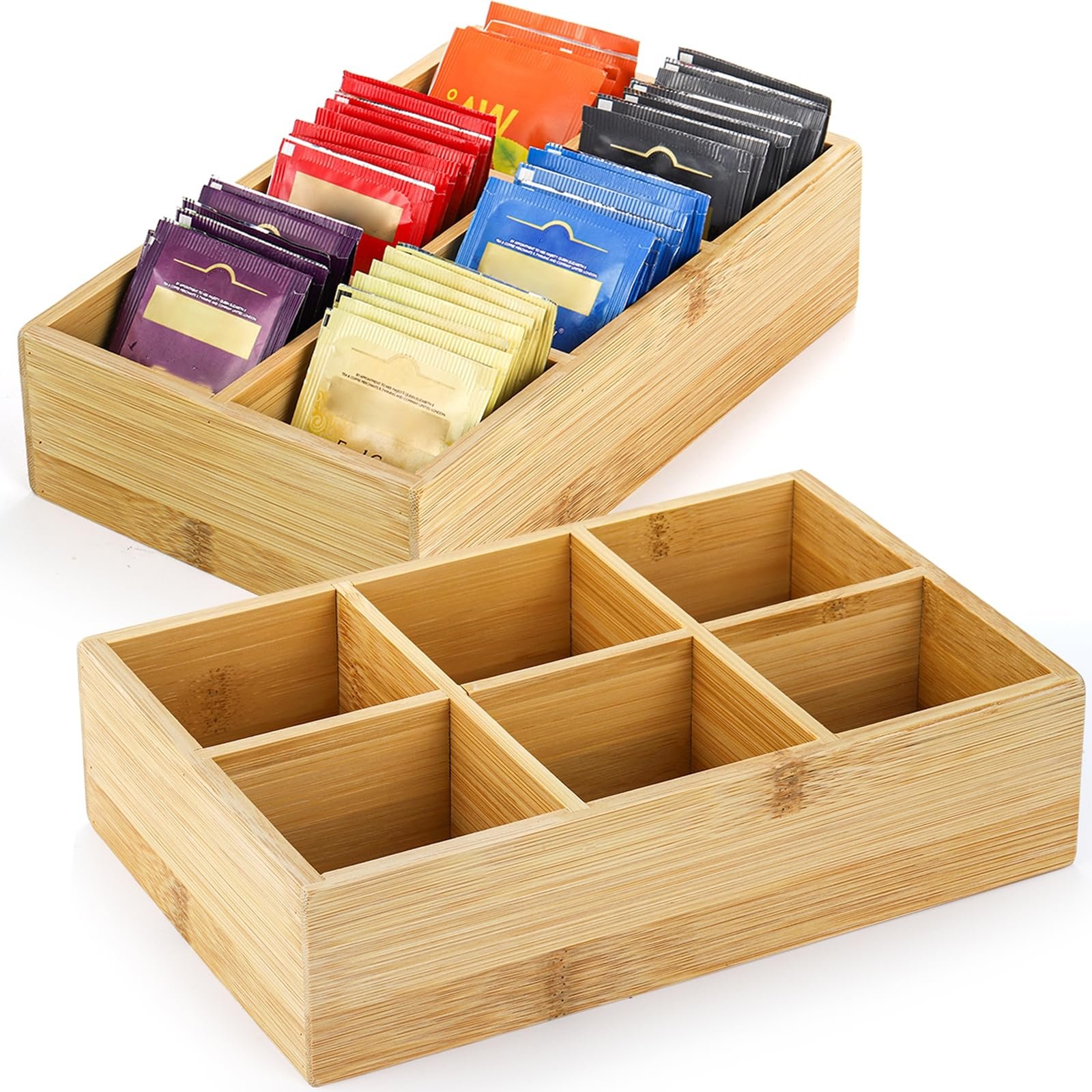 Dicunoy 2 Pack Bamboo Tea Bag Organizers, Wood Tea Bag Storage for Drawers with 6 Roomy Compartments, Sturdy Tea Chest Boxes for Shelf, Coffee Station, Sugar Packet, Sweeteners, Small Packets - Product Image