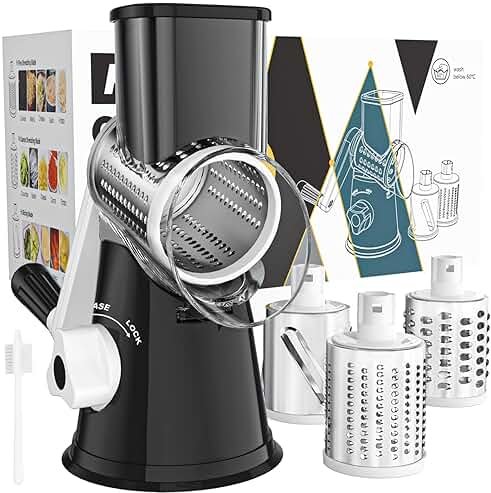 Cambom Rotary Cheese Grater Hand Crank Cheese Shredder for Fresh Cheese, Vegetable, Nuts,Non-slip Suction Base, Three Blades, Black - Product Image