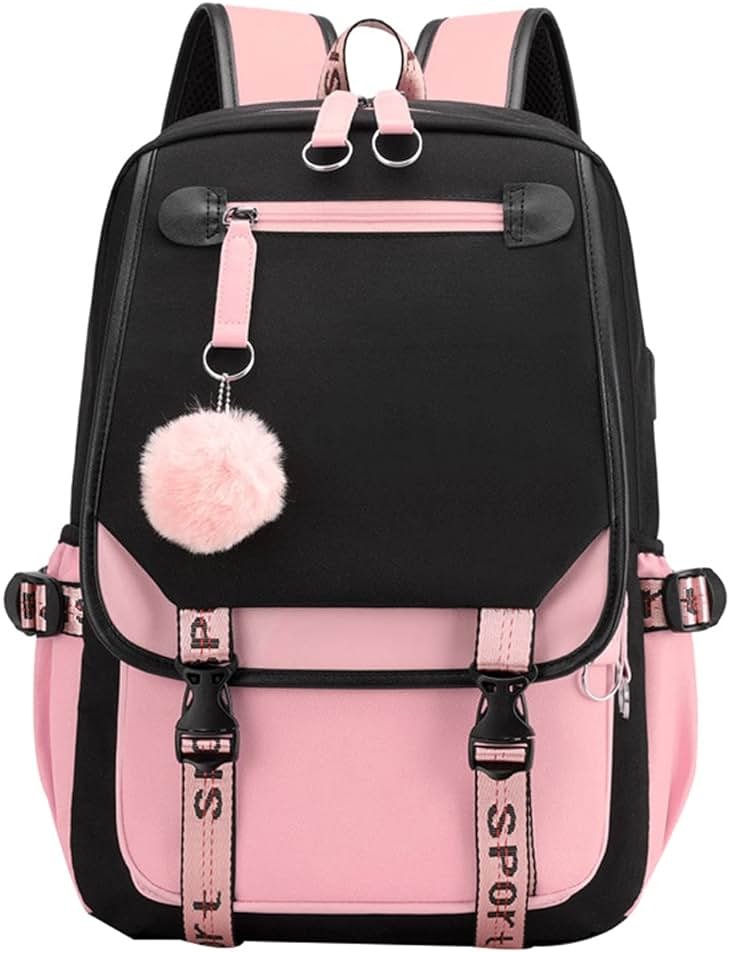 JiaYou Teenage Girls' Backpack Middle School Students Bookbag Outdoor Daypack with USB Charge Port (21 Liters, Black Pink) - Product Image