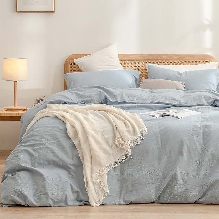 BESTOUCH Duvet Cover Set 100% Washed Cotton Linen Feel Super Soft Comfortable Chic Lightweight 3 PCs Home Bedding Set Cornflower Blue Queen - Product Image
