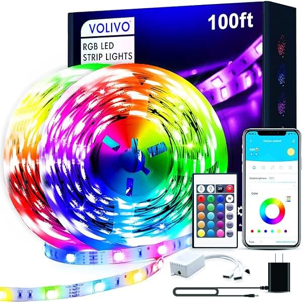 VOLIVO 100ft Led Strip Lights for Bedroom, Color Changing Led Light Strips Kit with Bluetooth App Control and IR Remote, RGB Music Sync Lighting for Room, Home Decor - Product Image