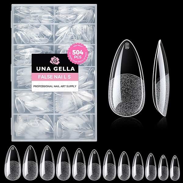 UNA GELLA Almond Gel Nail Tips, 504PCS Pre Etched Clear Fake Nails Tips Medium Almond Shape - 12 Sizes Full Cover Soft Acrylic Press On Nail Extensions No C Curve Gift for Diy at Home - Product Image