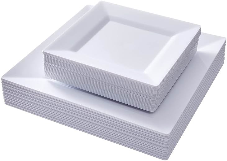 N9R 60PCS White Square Plastic Plates, 30 Dinner & 30 Dessert Plates Heavy Duty, Fancy Disposable Plates for Party, Wedding and other Events - Product Image