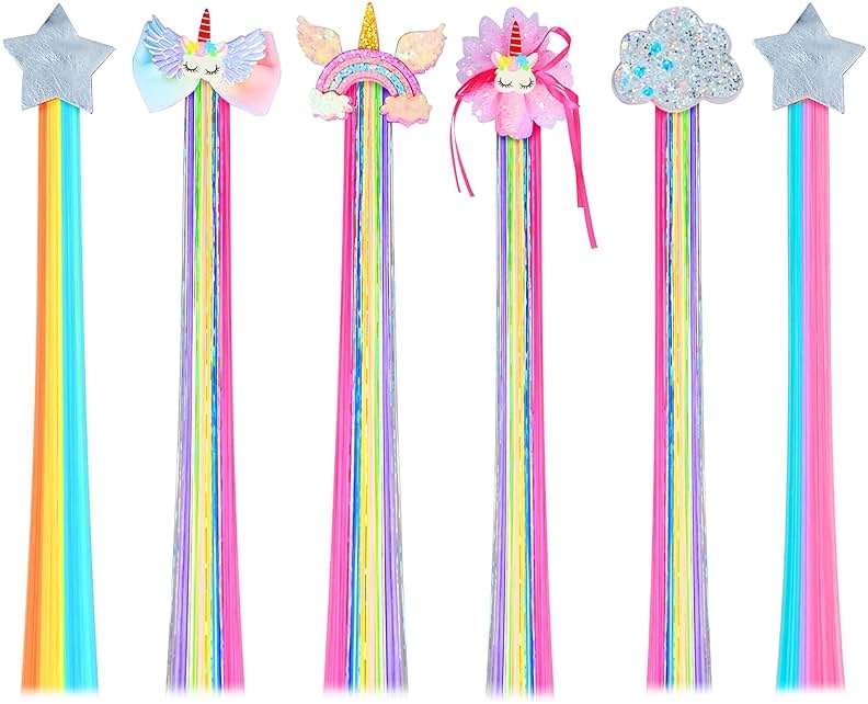 Little World Hair Clips for Girls, 6 Pcs Rainbow Hair Extensions, Unicorn Hair Clips for Girls Toddler Kids Ponytails, Hand-made Cute Glitter Hair Accessories - Product Image