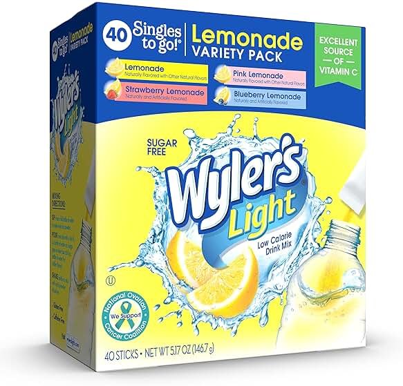 Wyler's Light Lemonade Variety Pack, 40 ct Singles to Go Powder Packets, Water Drink Mix, Variety Pack, Pink, Strawberry & Blueberry Lemonade, Sugar & Caffeine Free, On-The-Go,(Pack of 1) - Product Image
