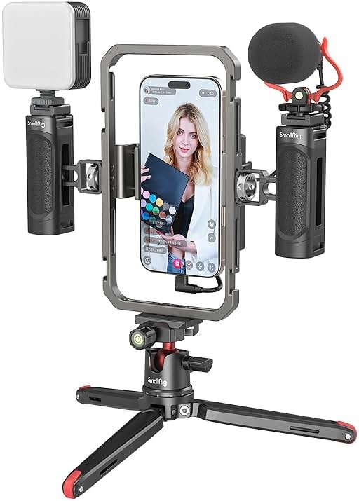 SmallRig Universal Phone Video Rig Kit for iPhone, Smartphone and Cameras, Phone Stabilizer Rig w/Tripod Microphone LED Light Side Handle Power Bank Holderm, for Vlogging & Live Streaming - Product Image