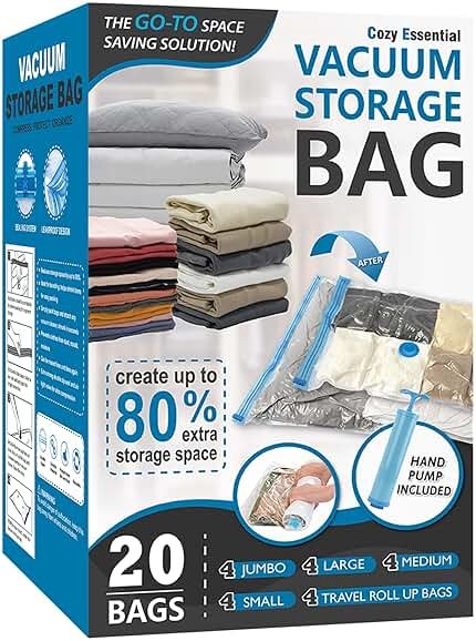 Cozy Essential Vacuum Storage Bags, 80% Compression Vacuum Seal Space Saver Plastic Packaging Bags for Clothes, Blankets, Pillow, Bedding, Comforters, Sealer Clothing Storage,20 Combo - Product Image