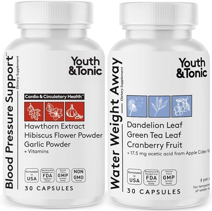 Youth & Tonic Daily Water Weight Away Pills and Blood Pressure Support Supplements/Natural Diuretics for Water Retention & BP Capsules to Maintain a Good Circulatory Health / 60 CPS for Women & Men - Product Image