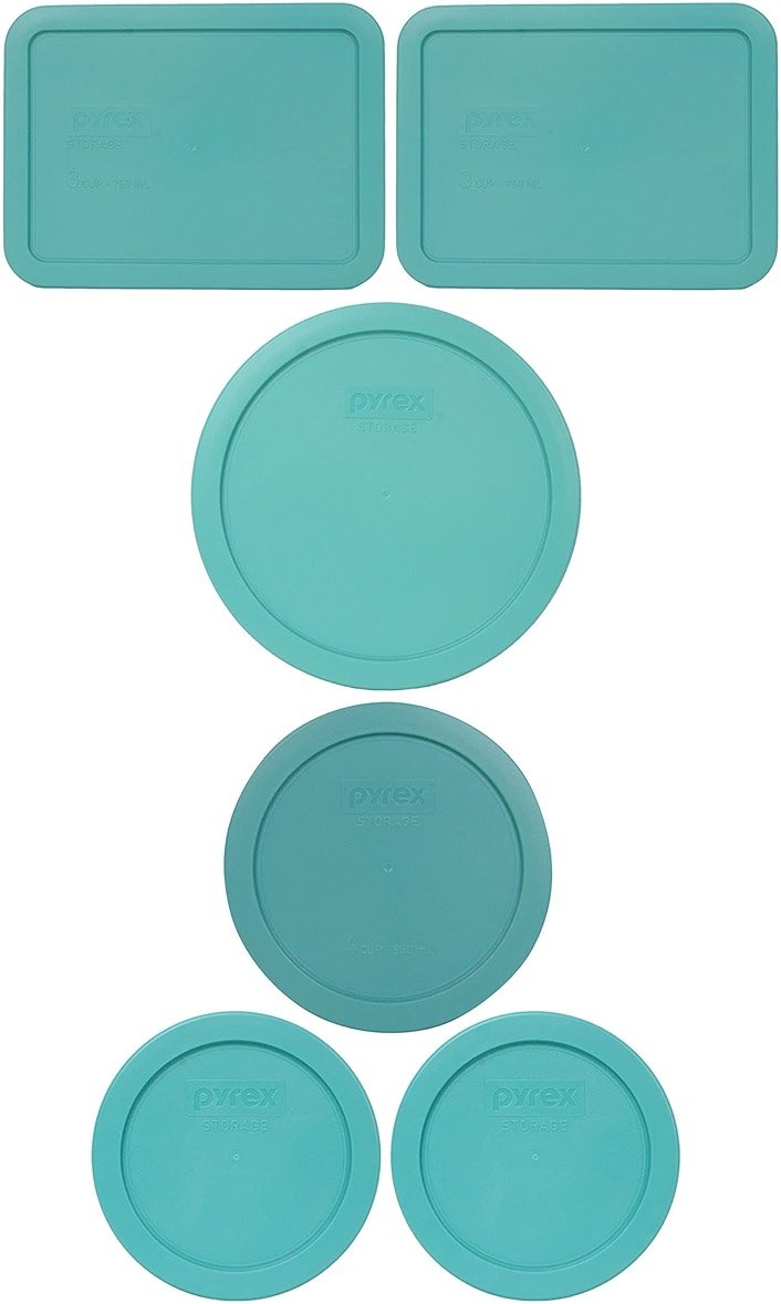 Pyrex (2) 7200-PC 2-Cup, (1) 7201-PC 4-Cup, (2) 7210-PC 3-Cup and (1) 7402-PC 6/7-Cup Turquoise Lids - Made in USA - Product Image