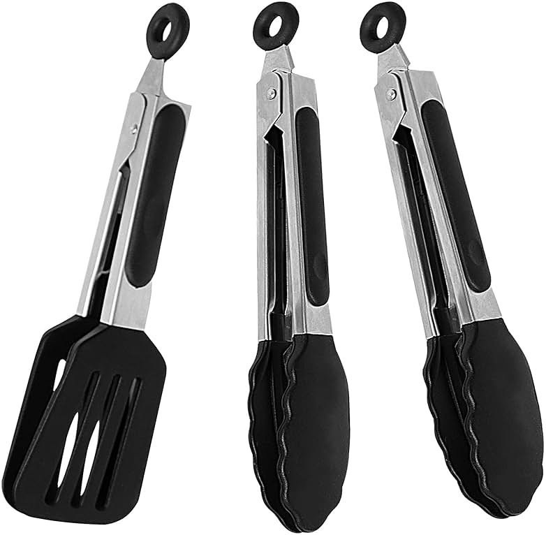 Pharamat Mini Silicone Serving Tongs Set of 3, Small Kitchen Tongs (7 inch) with Silicone Tips and Stainless Steel Handle, Cooking Tongs for Salads, Pasta, Steaks, Vegetables - Product Image