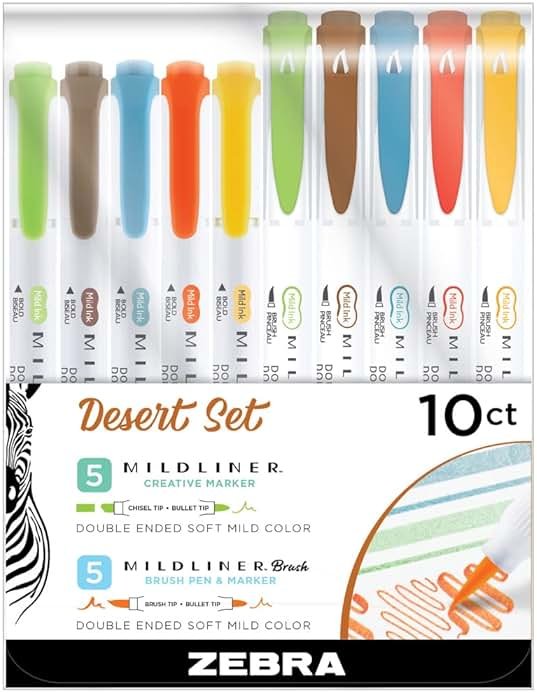 Zebra Pen Desert Set, Includes 5 Mildliner Highlighters and 5 Mildliner Brush Pens, Assorted Desert Ink Colors, 10-Pack - Product Image