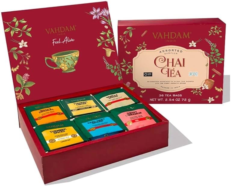 VAHDAM, Assorted Chai Tea Variety Pack (6 Delicious Flavors, 36 Eco Friendly Pyramid Tea Bags) Caffeinated, Gluten Free, Non GMO | Indian Masala Chai Tea Blends | Tea Gift Set for Men and Women - Product Image