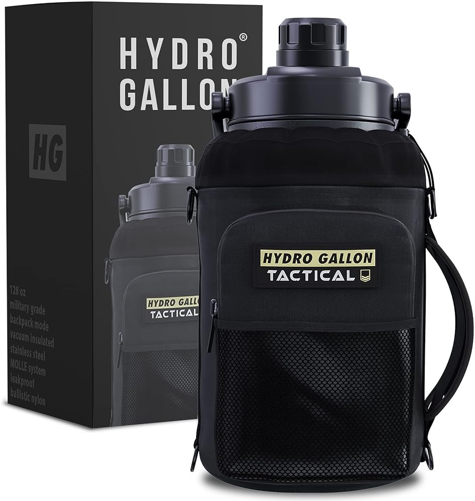 Hydro Gallon® Tactical - Insulated 1 Gallon Water Bottle Jug, Military Grade Sleeve. Large Stainless Steel Vacuum Metal Thermos Growler. Wide mouth, Shoulder Strap, MOLLE, Pockets, Handle. 128oz - Product Image