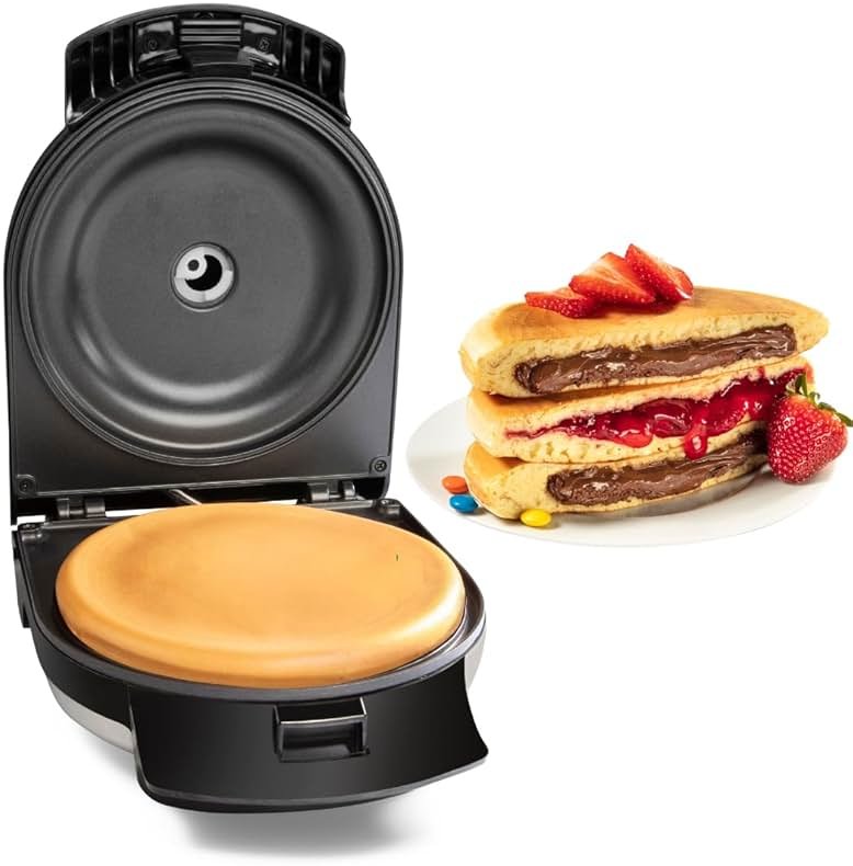 Electric Stuffed Pancake Maker- Make a GIANT Stuffed Waffle or Pan Cake in Minutes - Add Fillings for Delicious Breakfast or Dessert, Nonstick Baker Machine w Silicone Batter Funnel, Fun Unique Treat - Product Image