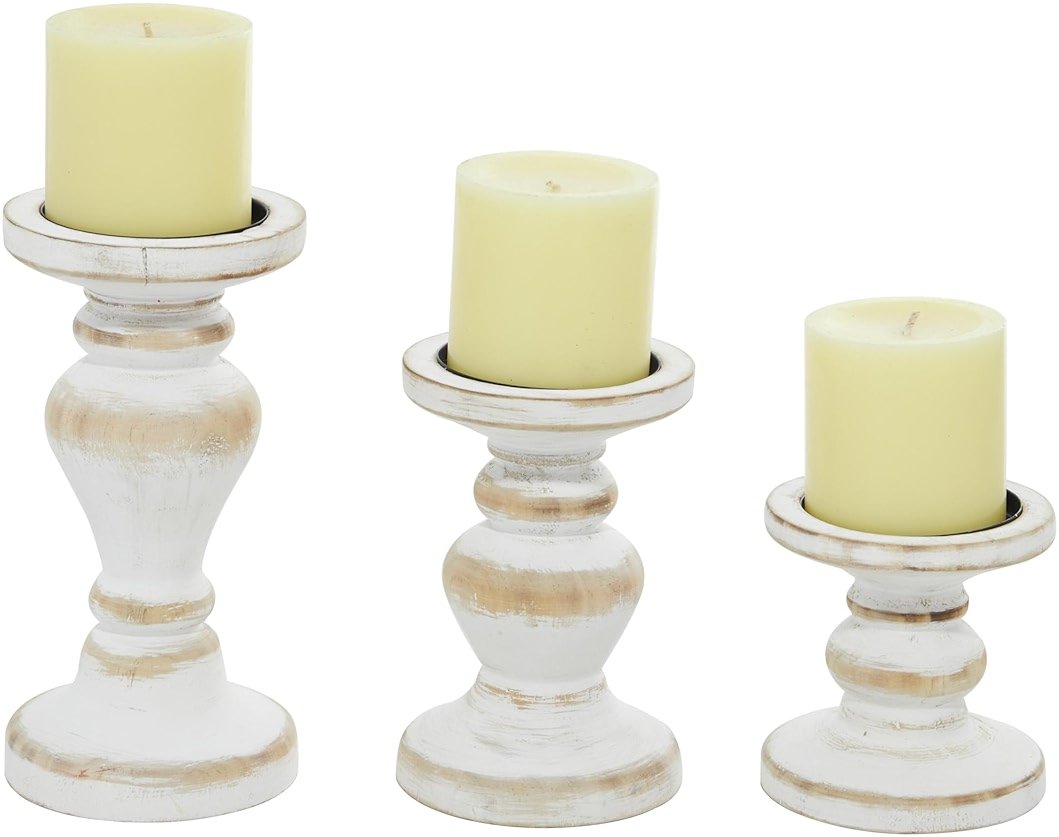 Deco 79 Wood Decorative Candle Holder Turned Style Candle Stand, Set of 3 Candlestick Holder 8", 6", 4"H, White - Product Image