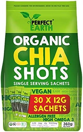 Perfect Earth Organic Chia Seed Shots (12g Sachets of Organic Chia Seeds - 30 Individual Shots) - Non-GMO, Gluten-Free, Allergen Free, Vegan & Keto Friendly, High in Omega-3, Iron, and Protein - Product Image