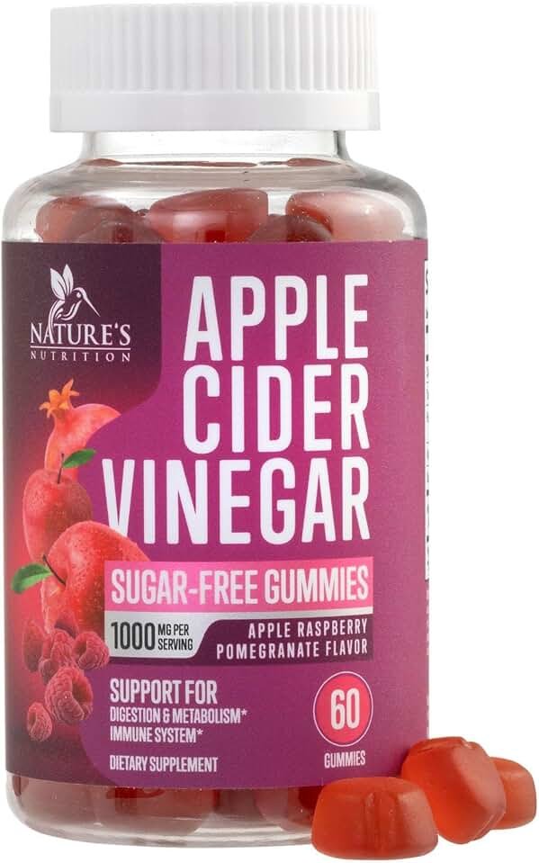Apple Cider Vinegar Gummies 1000mg per Serving - Sugar Free Max Strength ACV Gummy Vitamins Supplement, Advanced Formula, Vitamin B12 Supports Metabolism & Energy, Keto Friendly, Vegan, 60 Gummies - Product Image