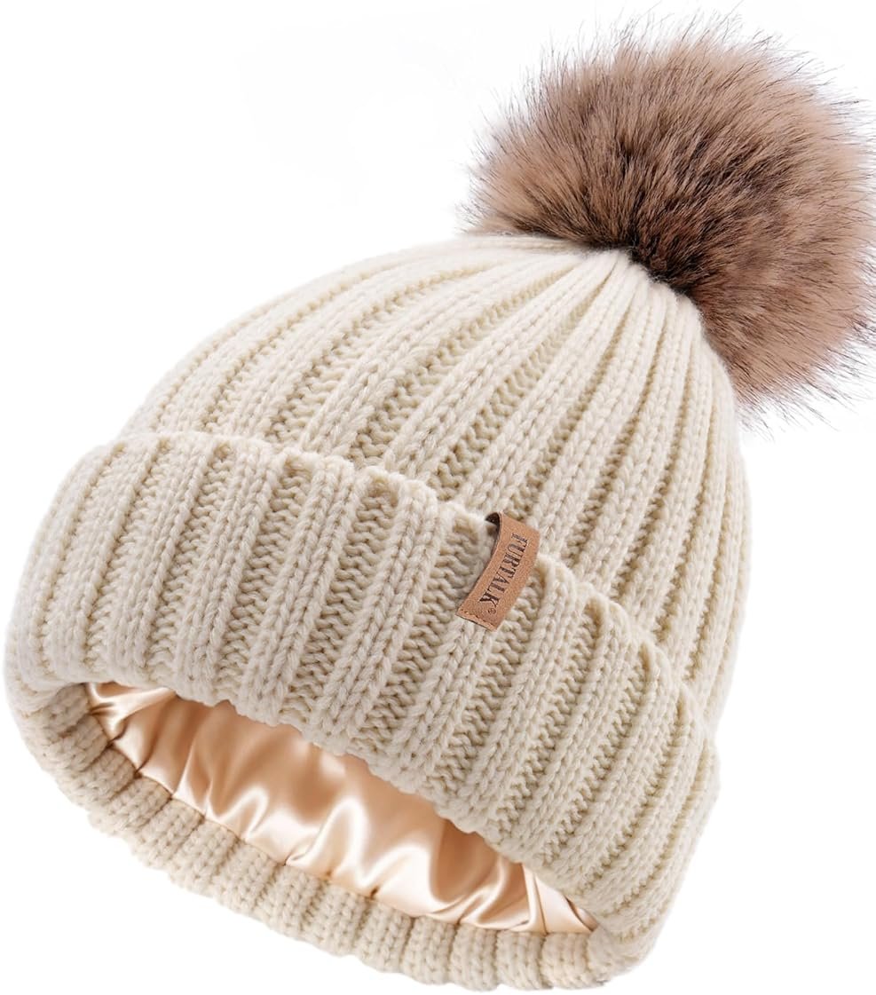 FURTALK Womens Winter Beanie Hat Satin Lined Faux Fur Pom Pom Beanies Hat for Women Winter Warm Knit Hats - Product Image