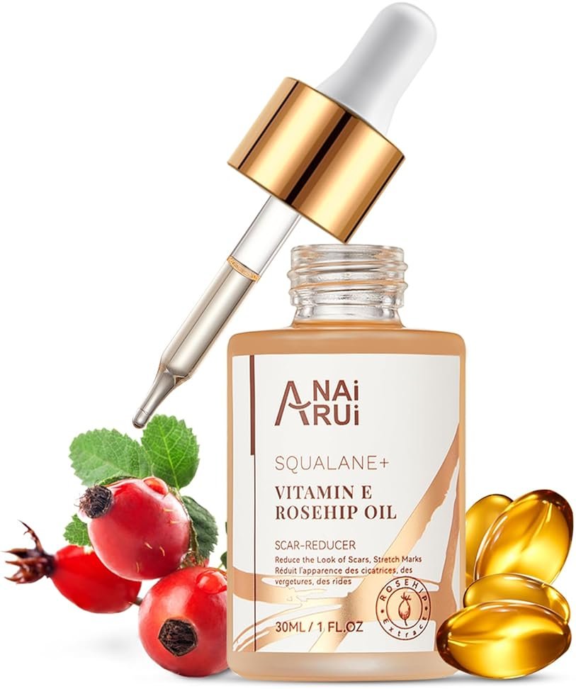 ANAI RUI Squalane + Vitamin E Rosehip Oil Moisturizer for Face,Hair,Skin& Nail Hydrate, Reduce Scars and Stretch Marks, Wrinkles for Smoother, Softer Skin 1 fl. Oz - Product Image