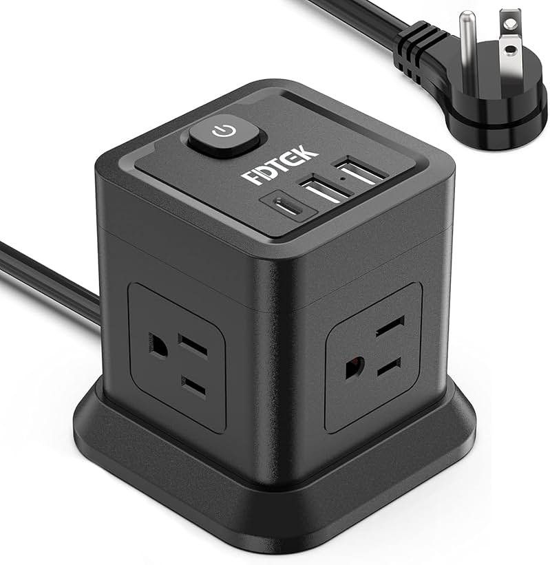 Power Strip with USB C, FDTEK Flat Plug Extension Cord with 4 Outlets and 3 USB Ports 10 FT Desk Power Strip Cube Overload Protection Compact Portable for Travel Home Office Cruise Ship - Black - Product Image