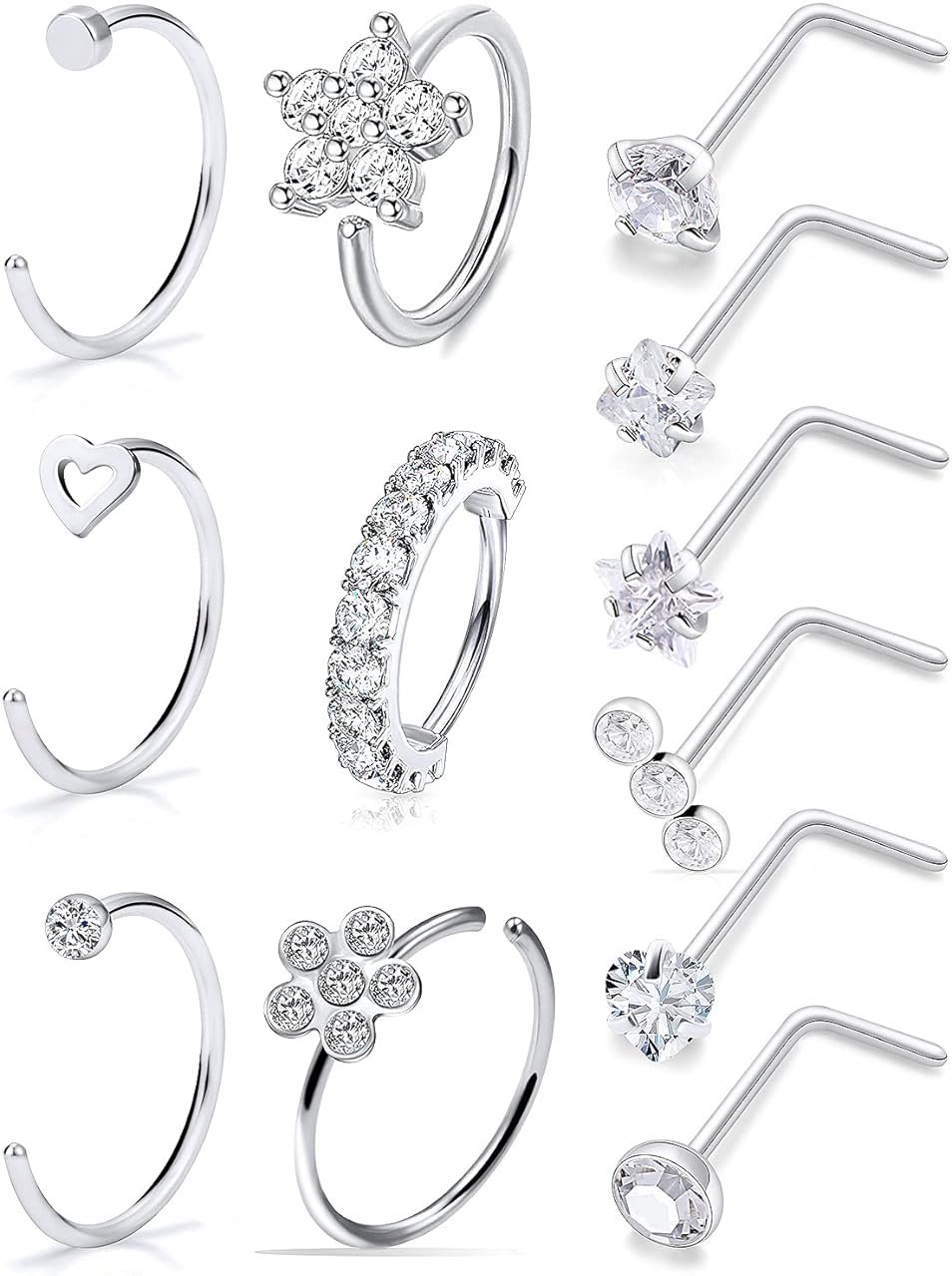 Ftovosyo 18G 20G Nose Rings Surgical Steel Nose Rings Hoop for Women Men Paved CZ Flower Nostril Piercing Jewelry L Shaped Nostril Ring Stud Set - Product Image
