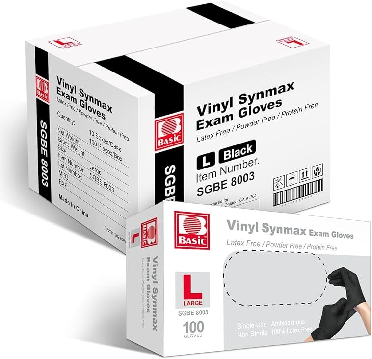 Basic Disposable Medical Synmax Vinyl Exam Gloves - 4 mil Safty Glove 1000pcs - Latex-Free & Powder - SGBE 8003, Large (Case of 1000, Black) - Product Image