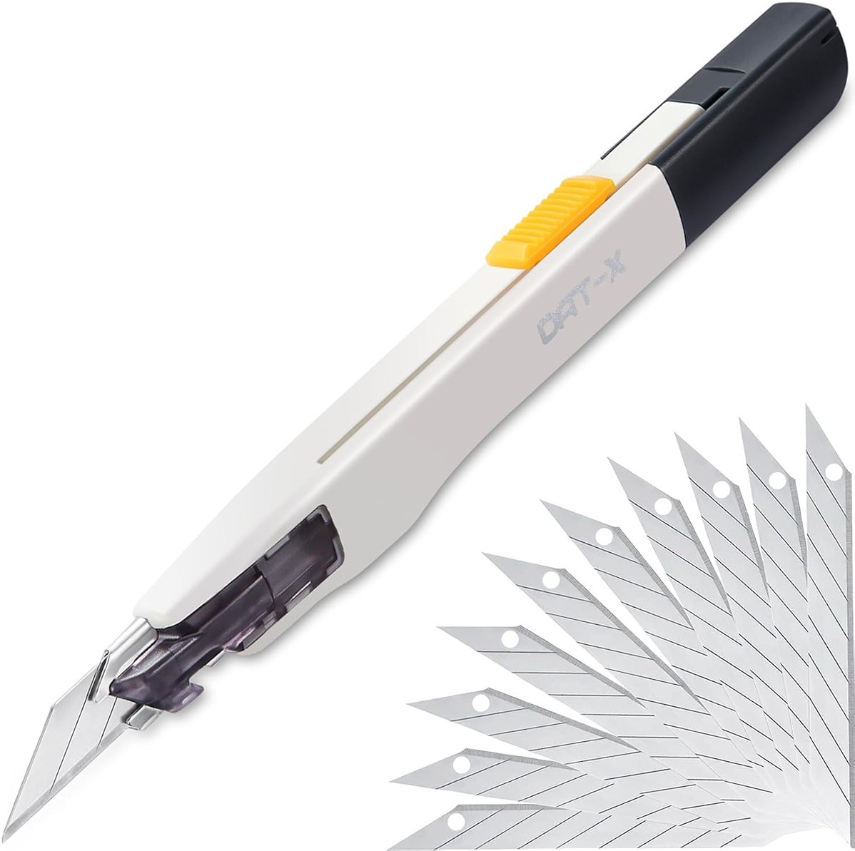 Utility Knife, DAT Series-X Portable Box Cutter, Fine Point Arts and Crafts Blade for Precision Cutting, with 10 Blade Pieces (White, 1 Cutter 10 Blades) - Product Image