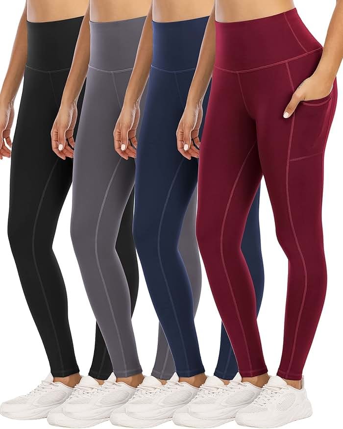 YOUNGCHARM 4 Pack Leggings with Pockets for Women,High Waist Tummy Control Workout Yoga Pants - Product Image