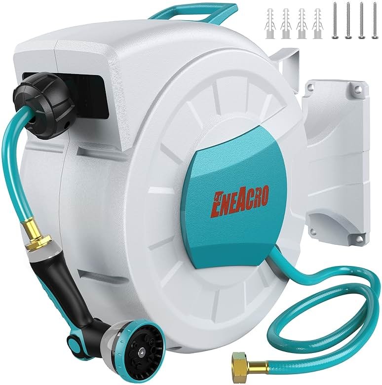 ENEACRO Retractable Garden Hose Reel with Wall Mount 1/2"×100ft with 10 Pattern Hose Nozzle, Brass Connector, Auto Rewind/Any Length Lock/ 180° Swivel Bracket, Ideal for Garden Watering - Product Image