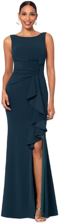 Betsy & Adam Women's Long Bodycon Sleeveless Boat Neck Evening Gown with Side Slit Ruffle - Product Image