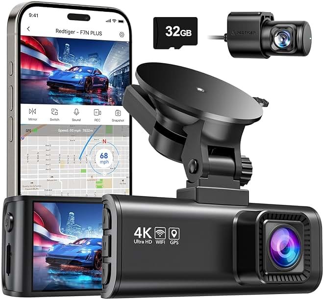 REDTIGER 4K Dash Cam Front Rear, STARVIS 2 Sensor, Free Card Included, 5.8GHz WiFi-20MB/s Fast Download, Dash Camera for Cars with GPS, WDR Night Vision, 170°Wide Angle, 24H Parking Mode(F7NP) - Product Image