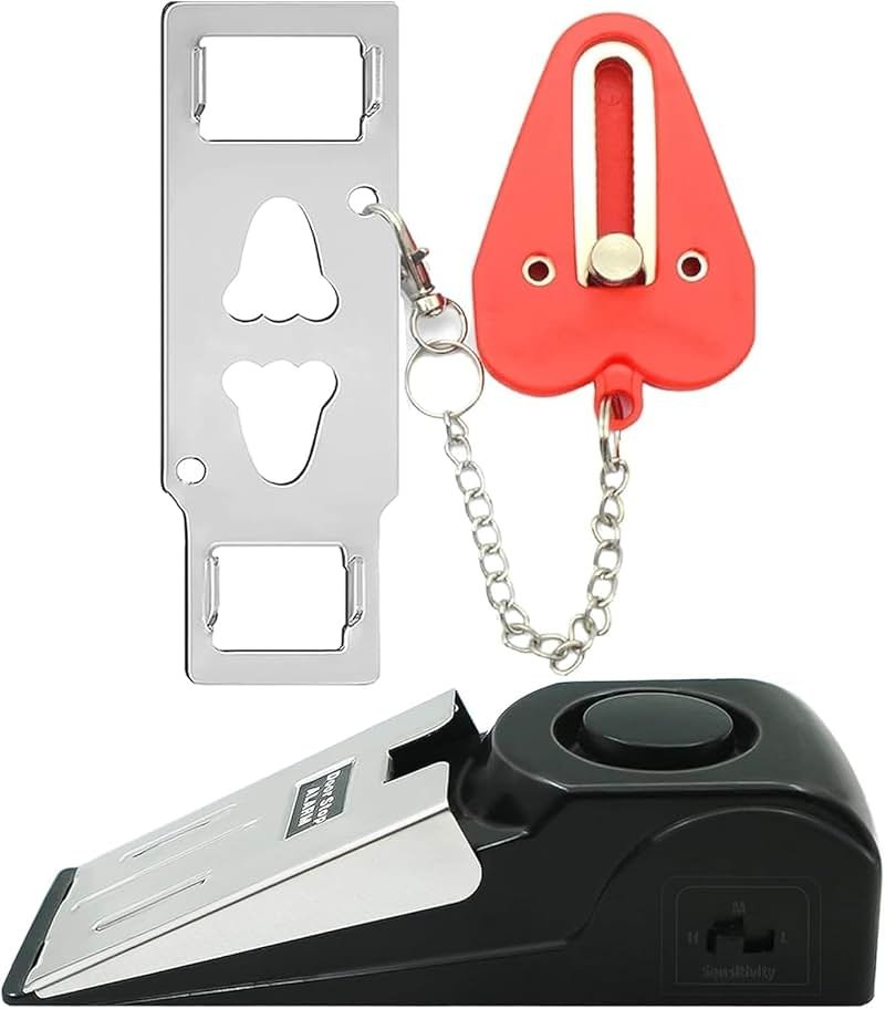 Portable Door Lock & Door Stop Alarm Set, Dual Protection Home Security Door Kit, Travel Hotel Lock Devices Pocket Self Defensey Tools for Traveling Hotel Home Apartment,Red - Product Image