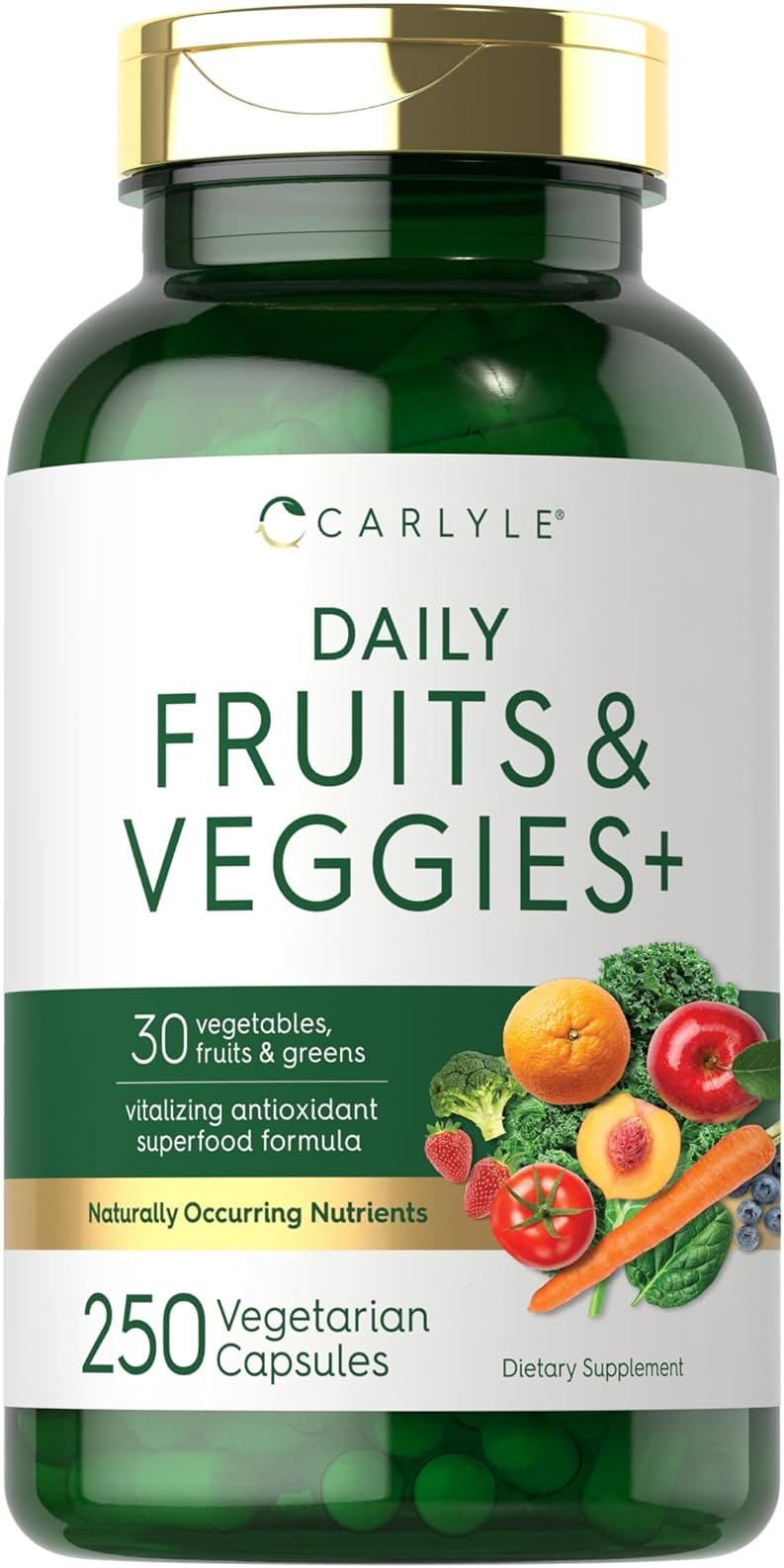 Carlyle Fruits and Veggies Supplement | 250 Capsules | Made with 30 Fruits and Vegetables | Vegetarian, Non-GMO, Gluten Free Superfood Formula - Product Image