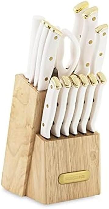 FARBERWARE 15-Piece Knife Block Set, Triple-Riveted High-Carbon Stainless Steel Kitchen Knives, Razor Sharp Blades, Wood Storage Block, White/gold - Product Image