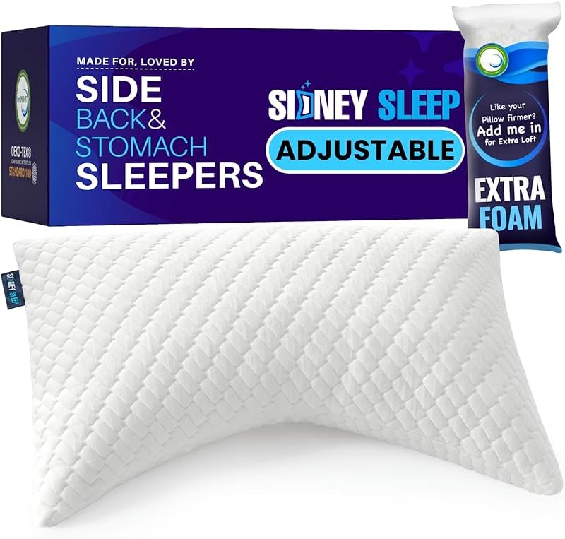 Sidney Sleep Adjustable Curved Pillows for Neck and Shoulder Support with Extra Shredded Fill - Cervical Contour Pillow for Side and Back Sleepers - Queen Size 19" x 29" CertiPUR-US Certified (White) - Product Image