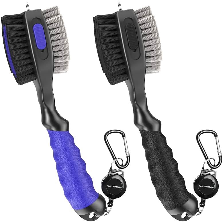 THIODOON 2 Pack Golf Club Brushes and Groove Cleaner 2 ft Retractable Zipline Carabiner Golf Brush Head with Retractable Spike Comfortable Grip Golf Club Cleaner - Product Image